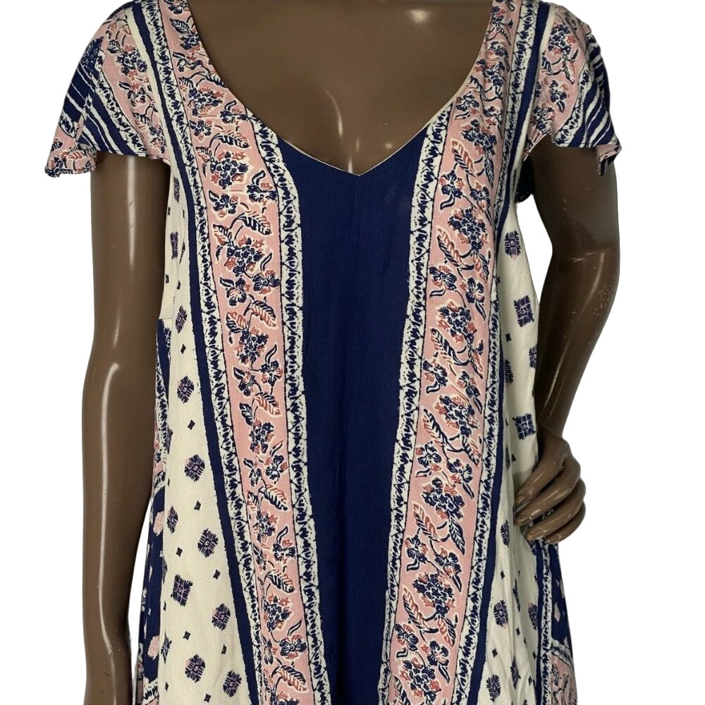 NEW MAEVE Women’s Summertide Swing Midi Dress – Navy Blue/Pink Size S V-Neck